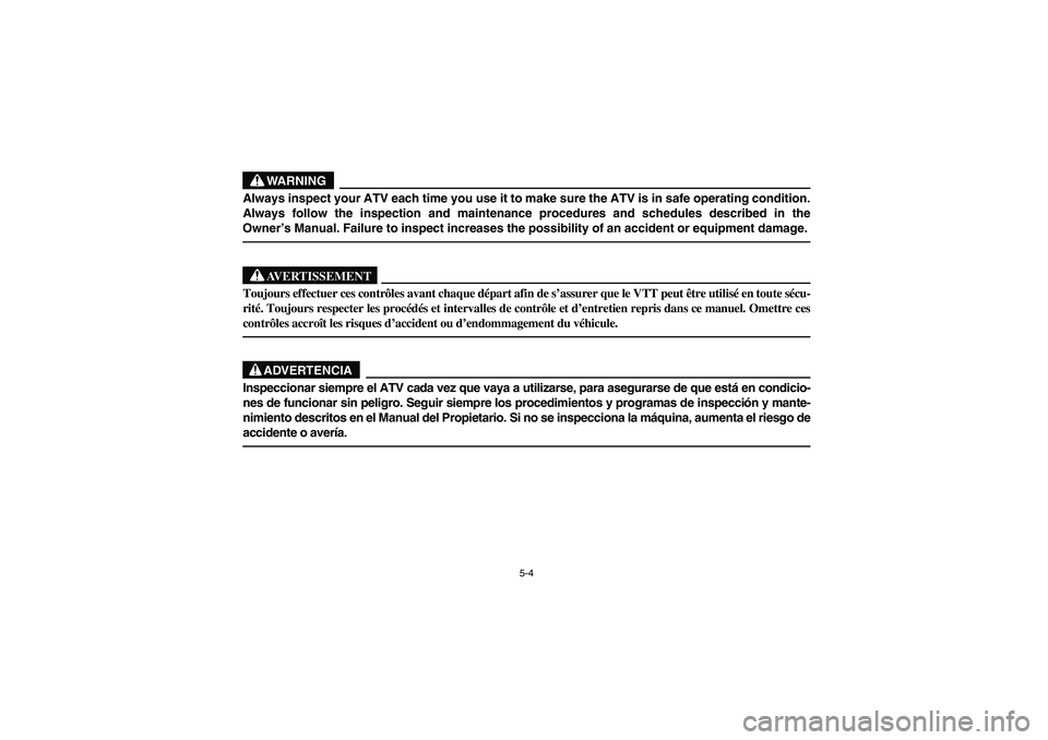 YAMAHA BEAR TRACKER 250 2004  Manuale de Empleo (in Spanish) 5-4
WARNING
Always inspect your ATV each time you use it to make sure the ATV is in safe operating condition.
Always follow the inspection and maintenance procedures and schedules described in the
Own