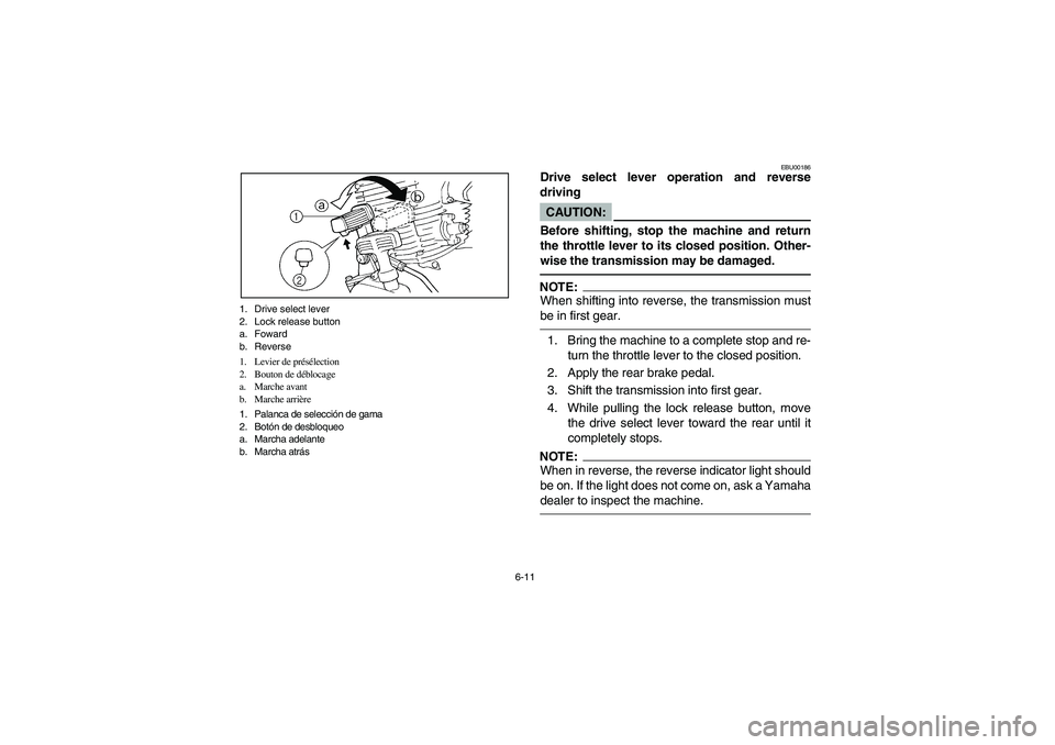 YAMAHA BEAR TRACKER 250 2004  Owners Manual 6-11 1. Drive select lever
2. Lock release button
a. Foward
b. Reverse
1. Levier de présélection
2. Bouton de déblocage
a. Marche avant
b. Marche arrière
1. Palanca de selección de gama
2. Botón