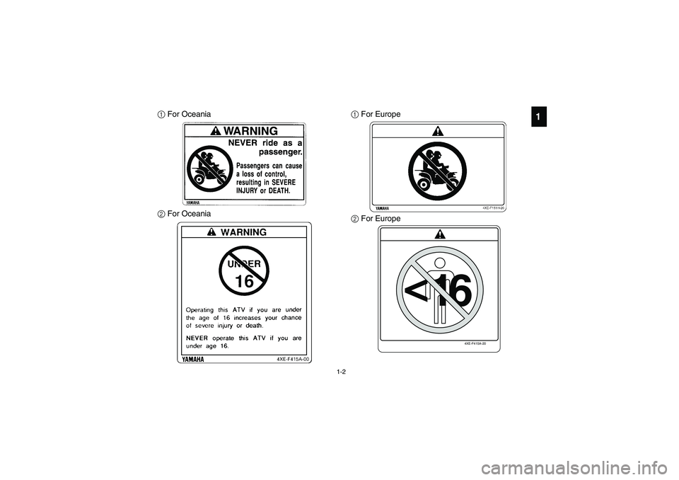 YAMAHA BEAR TRACKER 250 2004 Owners Manual 1-2
1
1 For Oceania
2 For Oceania1 For Europe
2 For Europe
4XE-F415A-20
<
16
U4XE65.book Page 2 Tuesday, May 6, 2003 1:38 PM YAMAHA BEAR TRACKER 250 2004 Owners Manual 1-2
1
1 For Oceania
2 For Oceania1 For Europe
2 For Europe
4XE-F415A-20
<
16
U4XE65.book Page 2 Tuesday, May 6, 2003 1:38 PM