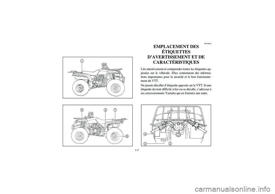 YAMAHA BEAR TRACKER 250 2004 Owners Guide 1-7
FBU00464
EMPLACEMENT DES 
ÉTIQUETTES 
D’AVERTISSEMENT ET DE 
CARACTÉRISTIQUES
Lire attentivement et comprendre toutes les étiquettes ap-
posées sur le véhicule. Elles contiennent des inform