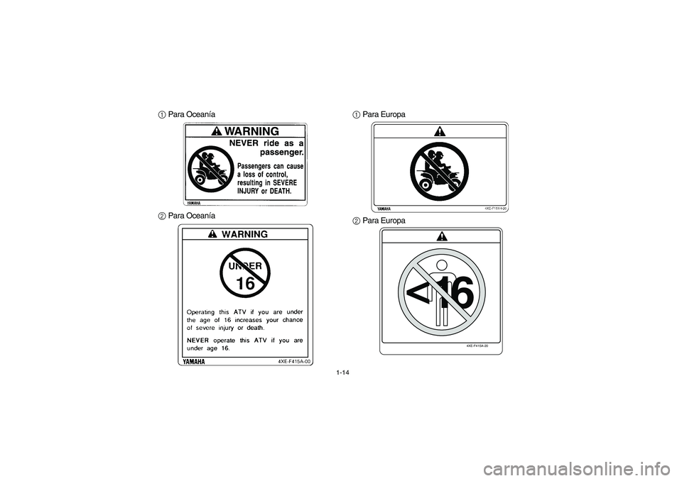 YAMAHA BEAR TRACKER 250 2004 Service Manual 1-14
1 Para Oceanía
2 Para Oceanía1 Para Europa
2 Para Europa
4XE-F415A-20
<
16
U4XE65.book  Page 14  Tuesday, May 6, 2003  1:38 PM 