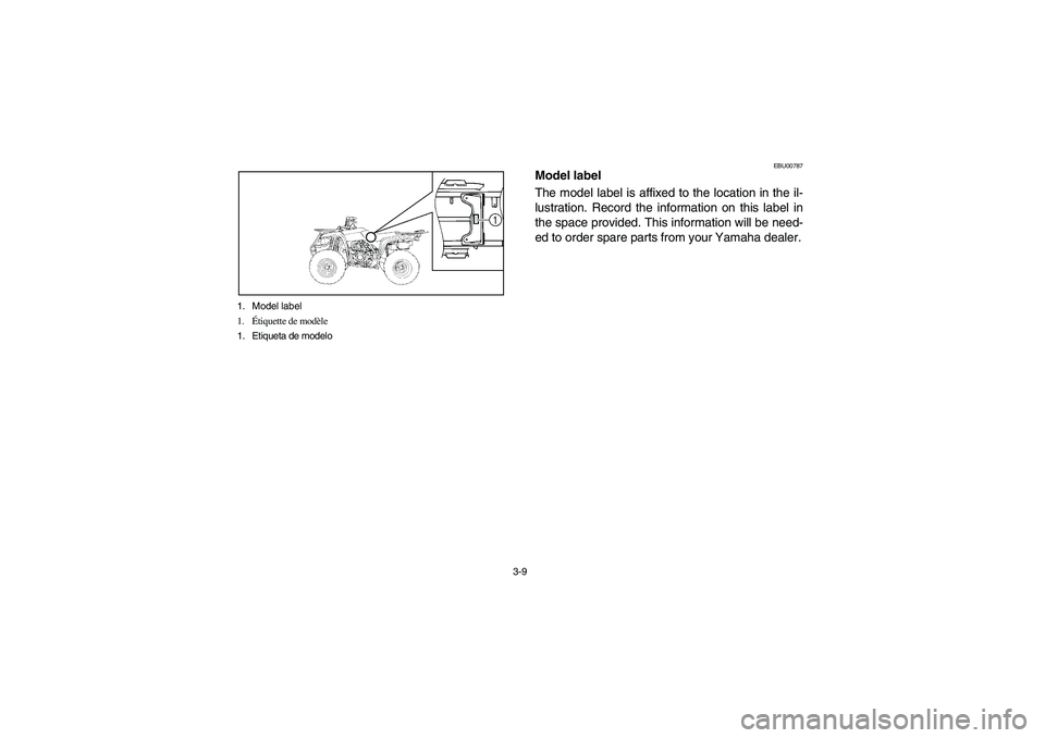 YAMAHA BEAR TRACKER 250 2004  Notices Demploi (in French) 3-9 1. Model label
1.Étiquette de modèle
1. Etiqueta de modelo
EBU00787
Model label
The model label is affixed to the location in the il-
lustration. Record the information on this label in
the spac
