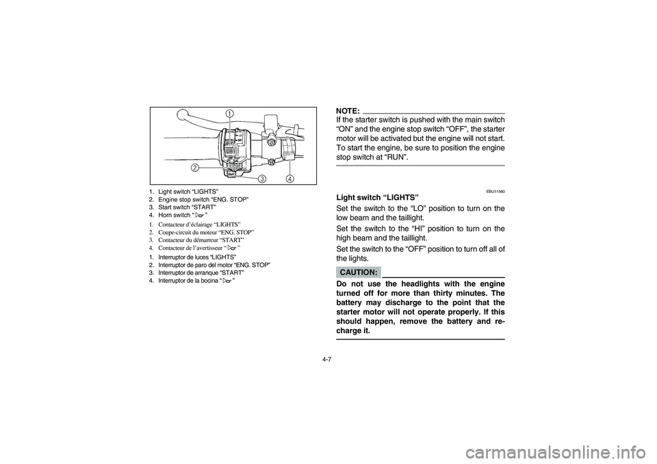 YAMAHA BEAR TRACKER 250 2004  Owners Manual 4-7 1. Light switch “LIGHTS”
2. Engine stop switch “ENG. STOP”
3. Start switch “START”
4. Horn switch “”
1. Contacteur d’éclairage “LIGHTS”
2. Coupe-circuit du moteur “ENG. ST