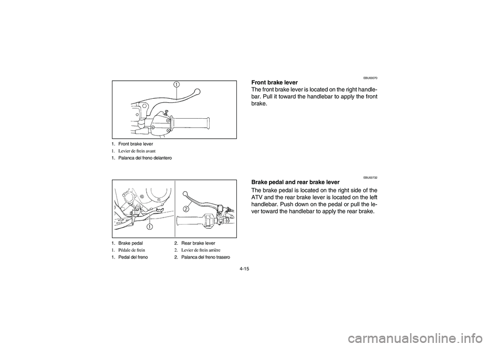 YAMAHA BEAR TRACKER 250 2004 Manual Online 4-15 1. Front brake lever
1. Levier de frein avant
1. Palanca del freno delantero
1. Brake pedal 2. Rear brake lever
1. Pédale de frein 2. Levier de frein arrière
1. Pedal del freno 2. Palanca del f