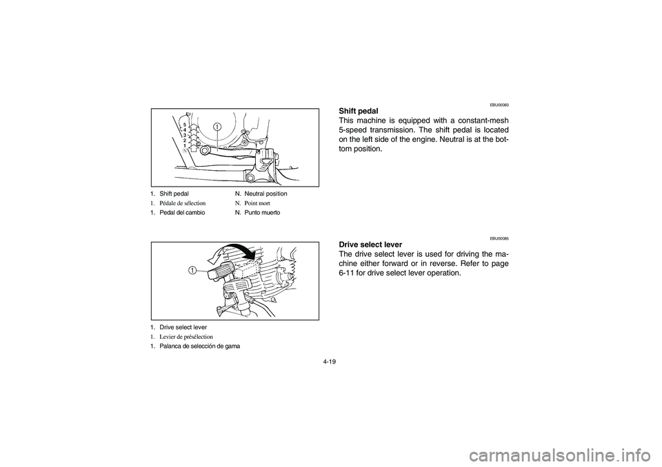 YAMAHA BEAR TRACKER 250 2004 Notices Demploi (in French) 4-19 1. Shift pedal N. Neutral position
1. Pédale de sélection N. Point mort
1. Pedal del cambio N. Punto muerto
1. Drive select lever
1. Levier de présélection
1. Palanca de selección de gama
EB YAMAHA BEAR TRACKER 250 2004 Notices Demploi (in French) 4-19 1. Shift pedal N. Neutral position
1. Pédale de sélection N. Point mort
1. Pedal del cambio N. Punto muerto
1. Drive select lever
1. Levier de présélection
1. Palanca de selección de gama
EB