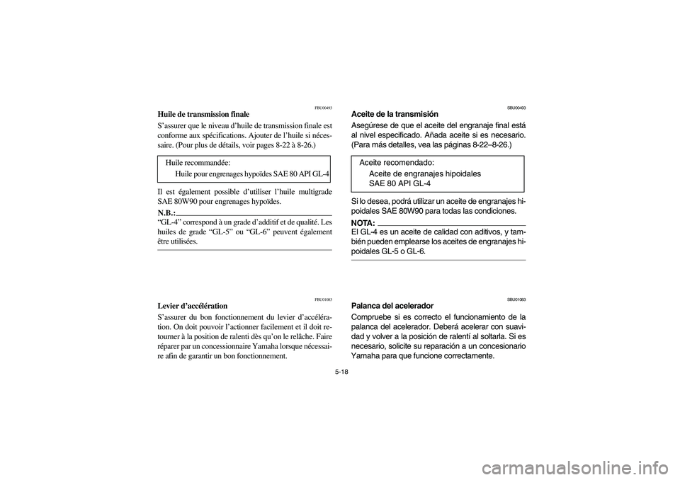 YAMAHA BEAR TRACKER 250 2003  Owners Manual 5-18
FBU00493
Huile de transmission finale
S’assurer que le niveau d’huile de transmission finale est
conforme aux spécifications. Ajouter de l’huile si néces-
saire. (Pour plus de détails, v