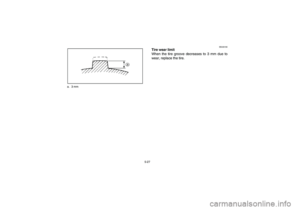 YAMAHA BEAR TRACKER 250 2003  Owners Manual 5-27 a. 3 mm
EBU00160
Tire wear limit
When the tire groove decreases to 3 mm due to
wear, replace the tire.
U4XE64.book  Page 27  Thursday, May 30, 2002  1:49 PM 