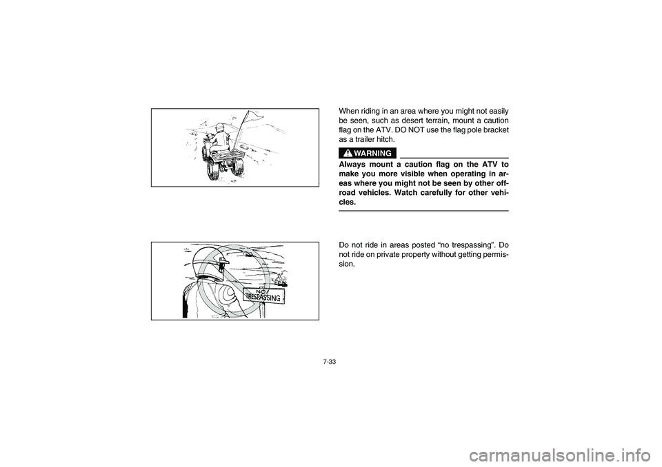 YAMAHA BEAR TRACKER 250 2003  Owners Manual 7-33
When riding in an area where you might not easily
be seen, such as desert terrain, mount a caution
flag on the ATV. DO NOT use the flag pole bracket
as a trailer hitch.
WARNING
Always mount a cau
