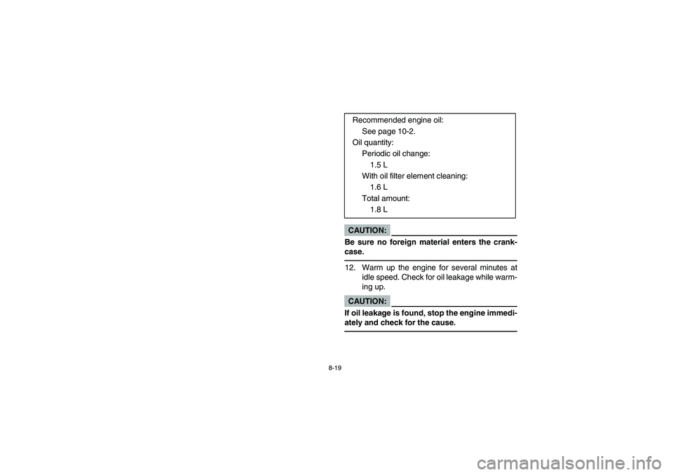 YAMAHA BEAR TRACKER 250 2003  Owners Manual 8-19
CAUTION:_ Be sure no foreign material enters the crank-
case. _12. Warm up the engine for several minutes at
idle speed. Check for oil leakage while warm-
ing up.CAUTION:_ If oil leakage is found