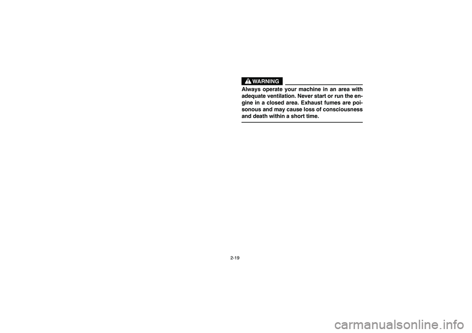 YAMAHA BEAR TRACKER 250 2003 Repair Manual 2-19
WARNING
Always operate your machine in an area with
adequate ventilation. Never start or run the en-
gine in a closed area. Exhaust fumes are poi-
sonous and may cause loss of consciousness
and d