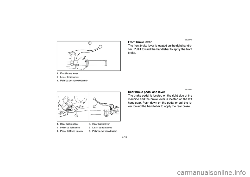 YAMAHA BEAR TRACKER 250 2003 Manual Online 4-15 1. Front brake lever
1. Levier de frein avant
1. Palanca del freno delantero
1. Rear brake pedal 2. Rear brake lever
1. Pédale de frein arrière 2. Levier de frein arrière
1. Pedal del freno tr YAMAHA BEAR TRACKER 250 2003 Manual Online 4-15 1. Front brake lever
1. Levier de frein avant
1. Palanca del freno delantero
1. Rear brake pedal 2. Rear brake lever
1. Pédale de frein arrière 2. Levier de frein arrière
1. Pedal del freno tr