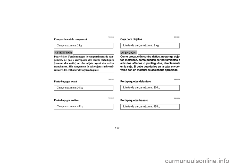YAMAHA BEAR TRACKER 250 2002  Manuale de Empleo (in Spanish) 4-30
FBU00581
Compartiment de rangementATTENTION:_ Pour éviter d’endommager le compartiment de ran-
gement, ne pas y entreposer des objets métalliques
(comme des outils) ou des objets ayant des ar