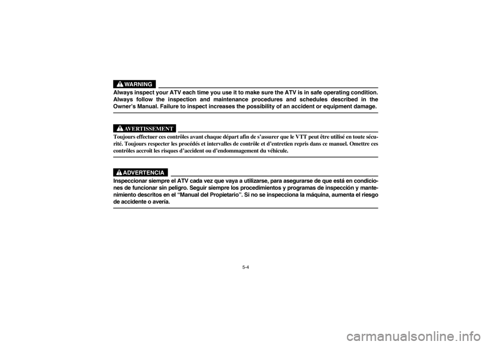 YAMAHA BEAR TRACKER 250 2002  Manuale de Empleo (in Spanish) 5-4
WARNING
Always inspect your ATV each time you use it to make sure the ATV is in safe operating condition.
Always follow the inspection and maintenance procedures and schedules described in the
Own