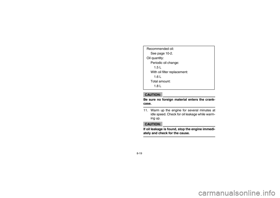 YAMAHA BEAR TRACKER 250 2002  Owners Manual 8-19
CAUTION:_ Be sure no foreign material enters the crank-
case. _11. Warm up the engine for several minutes at
idle speed. Check for oil leakage while warm-
ing up.CAUTION:_ If oil leakage is found