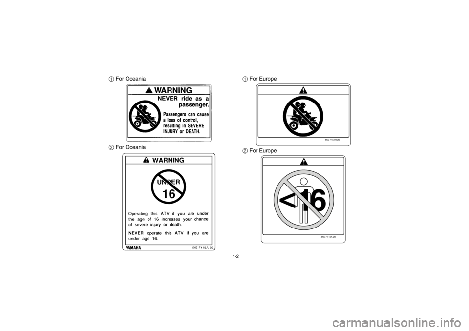 YAMAHA BEAR TRACKER 250 2002 Manuale de Empleo (in Spanish) 1-2
1 For Oceania
2 For Oceania1 For Europe
2 For Europe
4XE-F151H-204XE-F415A-20
<
16
EE.book Page 2 Monday, June 25, 2001 2:27 PM YAMAHA BEAR TRACKER 250 2002 Manuale de Empleo (in Spanish) 1-2
1 For Oceania
2 For Oceania1 For Europe
2 For Europe
4XE-F151H-204XE-F415A-20
<
16
EE.book Page 2 Monday, June 25, 2001 2:27 PM