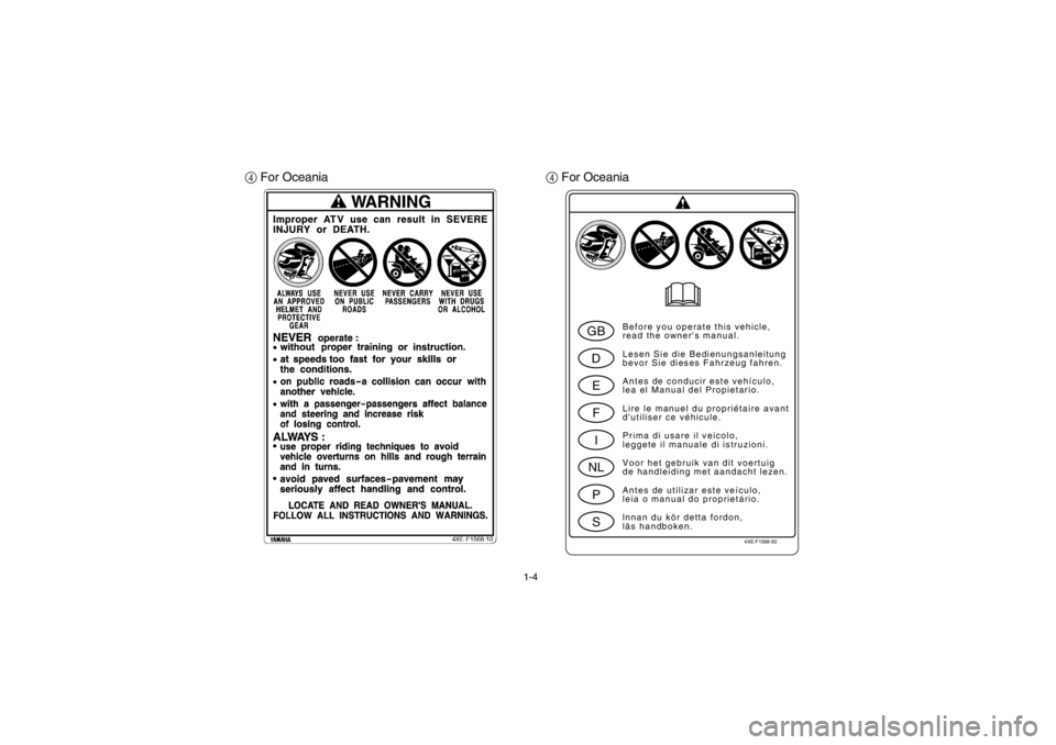 YAMAHA BEAR TRACKER 250 2002  Manuale de Empleo (in Spanish) 1-4
4 For Oceania
4 For Oceania
4XE-F1568-50
GBDEFINLPS
Before you operate this vehicle,
read the owners manual.
Lesen Sie die Bedienungsanleitung
bevor Sie dieses Fahrzeug fahren.
Antes de conducir 