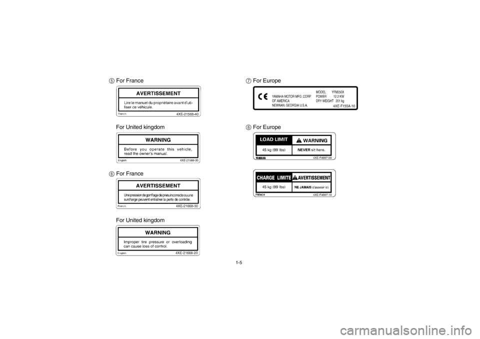 YAMAHA BEAR TRACKER 250 2002 Owners Guide 1-5
5 For France
6 For United kingdom
6 For France
8 For United kingdom 7 For Europe
8 For EuropeEE.book  Page 5  Monday, June 25, 2001  2:27 PM 