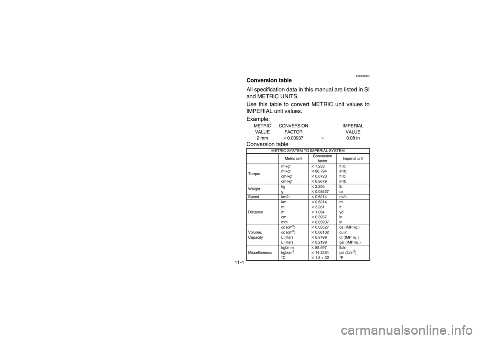 YAMAHA BEAR TRACKER 250 2002  Manuale de Empleo (in Spanish) 11-1
EBU00994
Conversion tableACS-01EAll specification data in this manual are listed in SI
and METRIC UNITS. 
Use this table to convert METRIC unit values to
IMPERIAL unit values.
Example:
METRIC 
VA