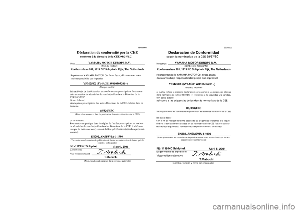 YAMAHA BEAR TRACKER 250 2002  Manuale de Empleo (in Spanish) FBU00000
SBU00000
EE.book  Page 3  Monday, June 25, 2001  2:27 PM 