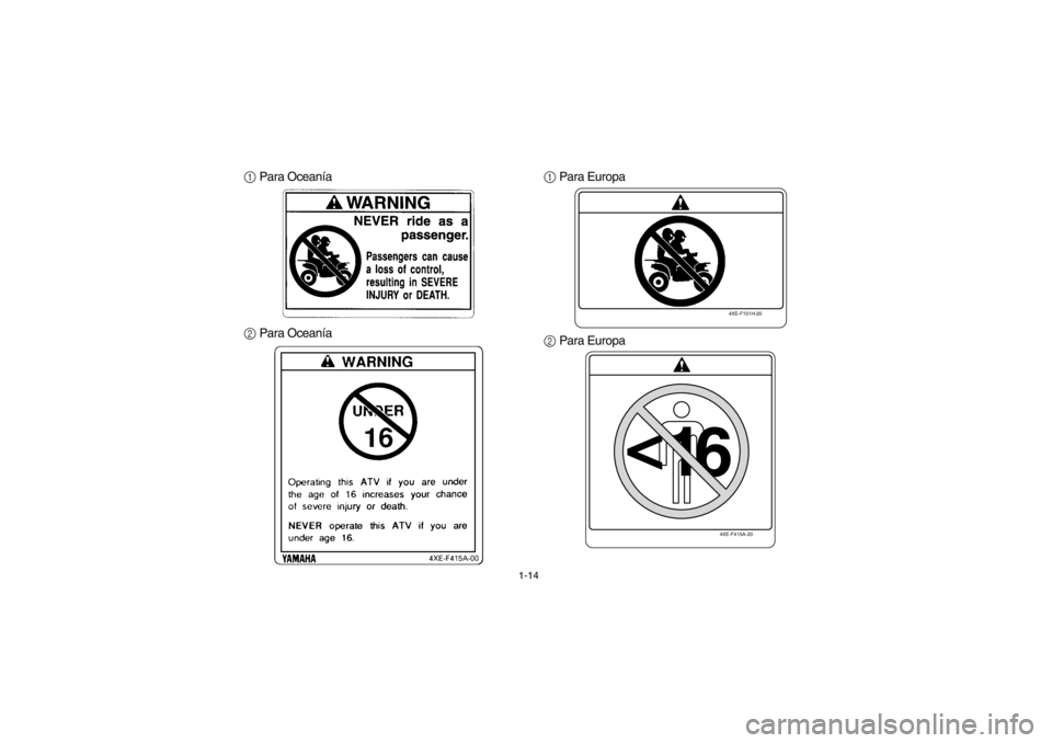 YAMAHA BEAR TRACKER 250 2002  Manuale de Empleo (in Spanish) 1-14
1 Para Oceanía
2 Para Oceanía1 Para Europa
2 Para Europa
4XE-F151H-204XE-F415A-20
<
16
EE.book  Page 14  Monday, June 25, 2001  2:27 PM 