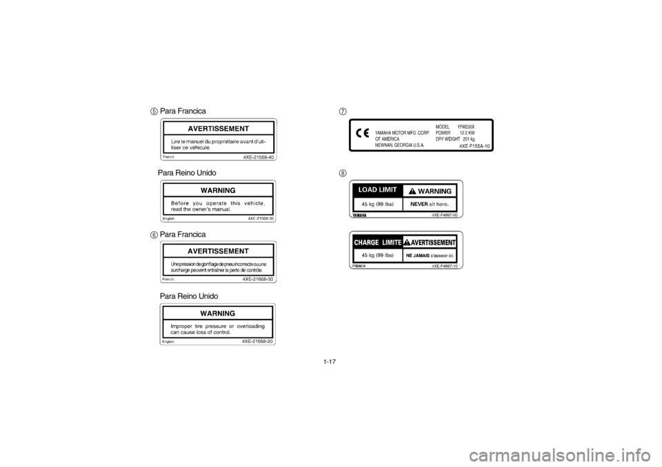 YAMAHA BEAR TRACKER 250 2002 Service Manual 1-17
5 Para Francica
6Para Reino Unido
6 Para Francica
8 Para Reino Unido7 
8 EE.book  Page 17  Monday, June 25, 2001  2:27 PM 