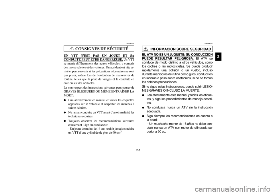 YAMAHA BEAR TRACKER 250 2002 Service Manual 2-2
2
CONSIGNES DE SÉCURITÉ
FBU00019*
UN VTT N’EST PAS UN JOUET ET SACONDUITE PEUT ÊTRE DANGEREUSE.
 Un VTT
se manie différemment des autres véhicules, y compris
des motocyclettes et des voitur