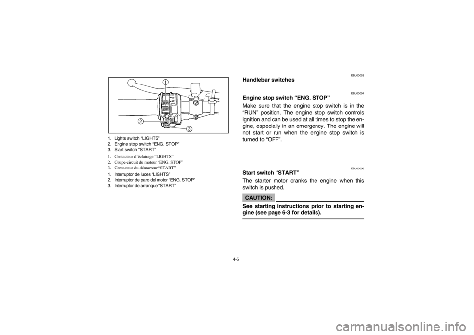YAMAHA BEAR TRACKER 250 2002 Manual PDF 4-5 1. Lights switch “LIGHTS”
2. Engine stop switch “ENG. STOP”
3. Start switch “START”
1. Contacteur d’éclairage “LIGHTS”
2. Coupe-circuit du moteur “ENG. STOP”
3. Contacteur d