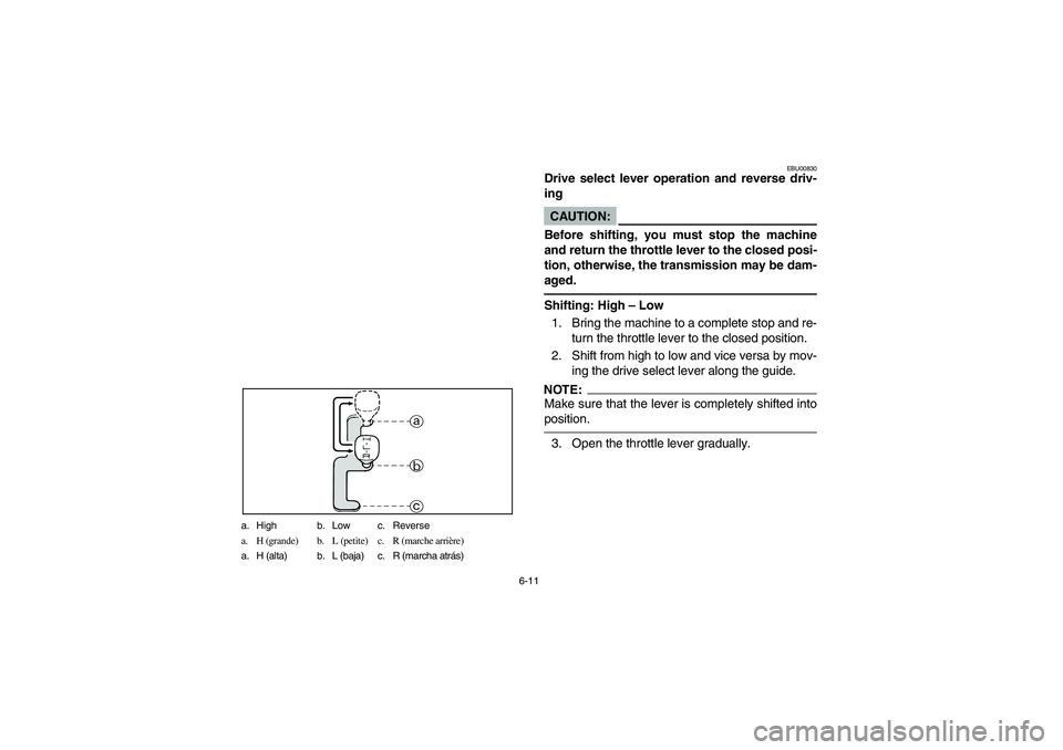 YAMAHA BIG BEAR PRO 400 2005  Notices Demploi (in French) 6-11 a. High b. Low c. Reverse
a. H (grande) b. L (petite) c. R (marche arrière)
a. H (alta) b. L (baja) c. R (marcha atrás)
EBU00830
Drive select lever operation and reverse driv-
ingCAUTION:_ Befo
