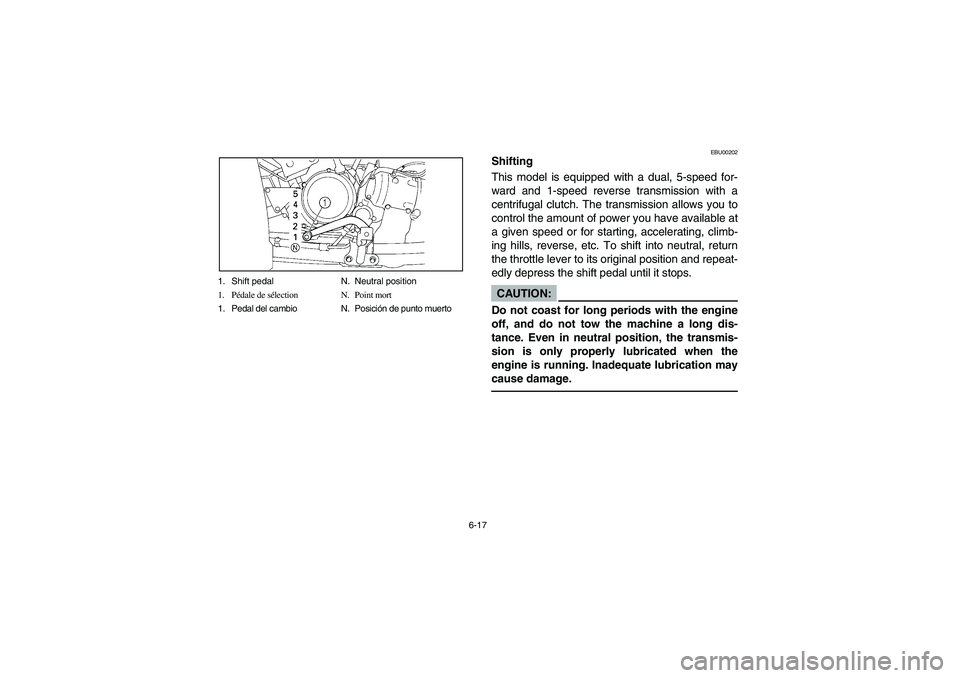 YAMAHA BIG BEAR PRO 400 2005  Manuale de Empleo (in Spanish) 6-17 1. Shift pedal N. Neutral position
1. Pédale de sélection N. Point mort
1. Pedal del cambio N. Posición de punto muerto
EBU00202
Shifting
This model is equipped with a dual, 5-speed for-
ward 