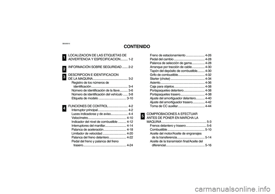 YAMAHA BIG BEAR PRO 400 2005  Manuale de Empleo (in Spanish) SBU00015
CONTENIDO
LOCALIZACION DE LAS ETIQUETAS DE 
ADVERTENCIA Y ESPECIFICACION......... 1-2
INFORMACIÓN SOBRE SEGURIDAD ....... 2-2
DESCRIPCION E IDENTIFICACION
DE LA MAQUINA .....................