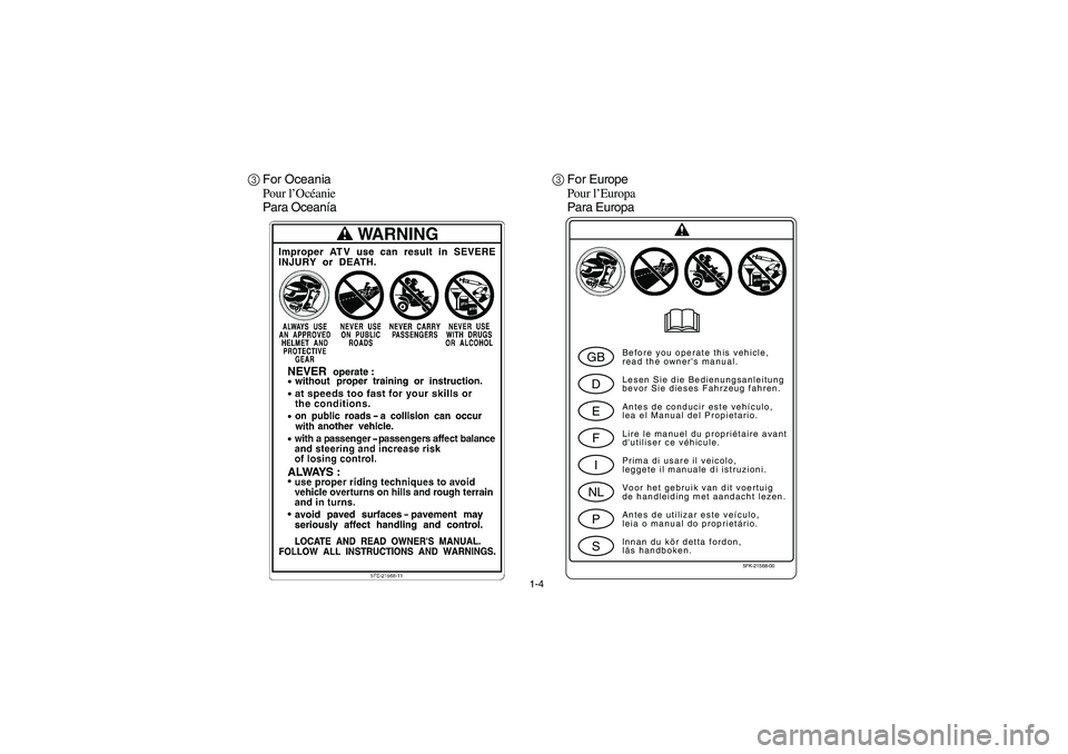 YAMAHA BIG BEAR PRO 400 2005  Manuale de Empleo (in Spanish) 1-4
3For Oceania
Pour l’Océanie
Para Oceanía3For Europe
Pour l’Europa
Para Europa
5FK-21568-00
GBDEFINLPS
Before you operate this vehicle,
read the owners manual.
Lesen Sie die Bedienungsanleit