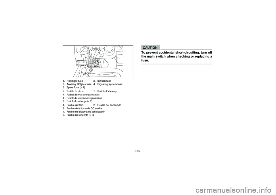 YAMAHA BIG BEAR PRO 400 2005  Manuale de Empleo (in Spanish) 8-95 1. Headlight fuse 2. Ignition fuse
3. Auxiliary DC jack fuse 4. Signaling system fuse
5. Spare fuse (× 2)
1. Fusible de phare 2. Fusible d’allumage
3. Fusible de prise pour accessoires
4. Fusi