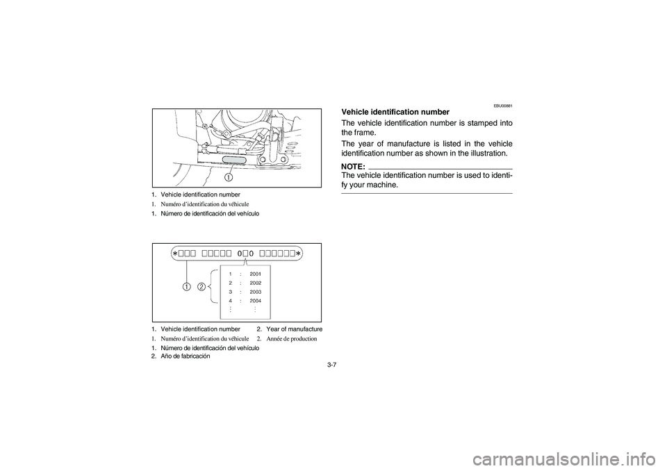 YAMAHA BIG BEAR PRO 400 2005  Notices Demploi (in French) 3-7 1. Vehicle identification number
1. Numéro d’identification du véhicule
1. Número de identificación del vehículo
1. Vehicle identification number 2. Year of manufacture
1. Numéro d’ident