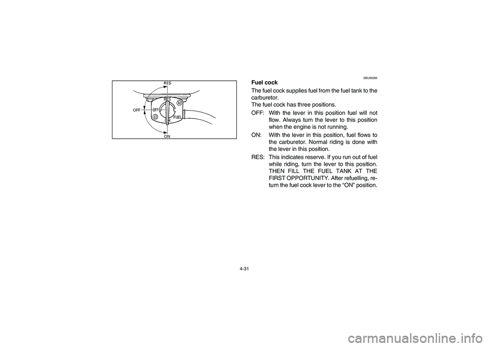 YAMAHA BIG BEAR PRO 400 2005 Manuale de Empleo (in Spanish) 4-31
EBU00093
Fuel cock
The fuel cock supplies fuel from the fuel tank to the
carburetor.
The fuel cock has three positions.
OFF: With the lever in this position fuel will not
flow. Always turn the le YAMAHA BIG BEAR PRO 400 2005 Manuale de Empleo (in Spanish) 4-31
EBU00093
Fuel cock
The fuel cock supplies fuel from the fuel tank to the
carburetor.
The fuel cock has three positions.
OFF: With the lever in this position fuel will not
flow. Always turn the le