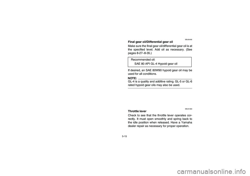 YAMAHA BIG BEAR PRO 400 2004  Owners Manual 5-15
EBU00495
Final gear oil/Differential gear oil
Make sure the final gear oil/differential gear oil is at
the specified level. Add oil as necessary. (See
pages 8-27–8-35.)
If desired, an SAE 80W90