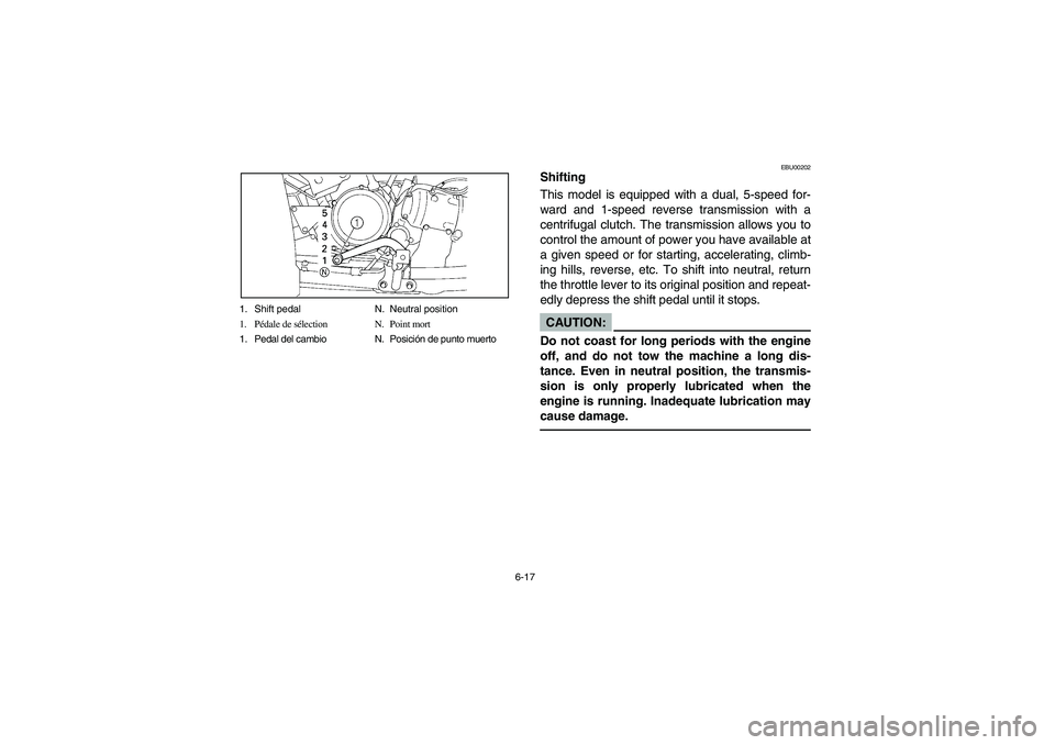 YAMAHA BIG BEAR PRO 400 2004  Owners Manual 6-17 1. Shift pedal N. Neutral position
1. Pédale de sélection N. Point mort
1. Pedal del cambio N. Posición de punto muerto
EBU00202
Shifting
This model is equipped with a dual, 5-speed for-
ward 