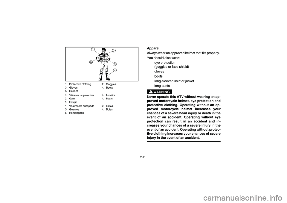 YAMAHA BIG BEAR PRO 400 2004  Manuale de Empleo (in Spanish) 7-11 1. Protective clothing 2. Goggles
3. Gloves 4. Boots
5. Helmet
1. Vêtement de protection 2. Lunettes
3. Gants 4. Bottes
5. Casque
1. Vestimenta adequada 2. Gafas
3. Guantes 4. Botas
5. Homologad