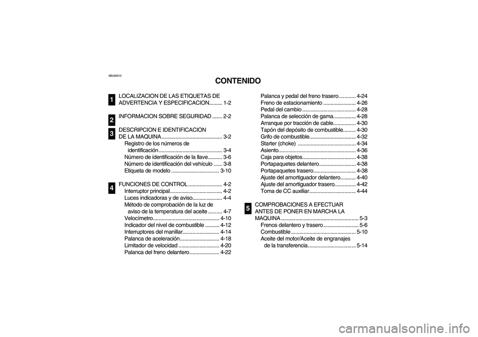 YAMAHA BIG BEAR PRO 400 2004  Manuale de Empleo (in Spanish) SBU00015
CONTENIDO
LOCALIZACION DE LAS ETIQUETAS DE 
ADVERTENCIA Y ESPECIFICACION......... 1-2
INFORMACION SOBRE SEGURIDAD ....... 2-2
DESCRIPCION E IDENTIFICACION
DE LA MAQUINA ......................