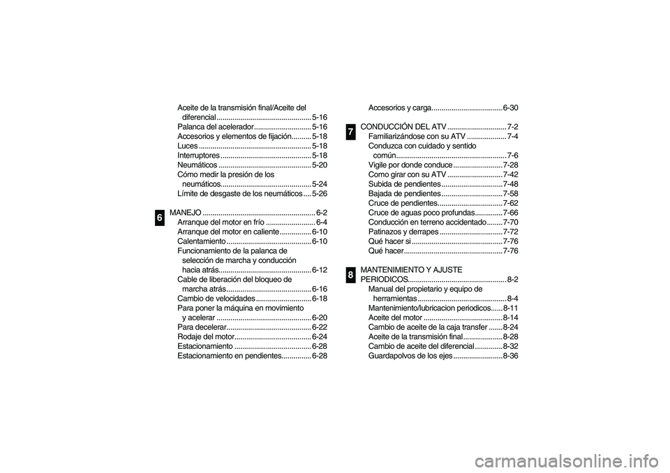 YAMAHA BIG BEAR PRO 400 2004  Manuale de Empleo (in Spanish) Aceite de la transmisión final/Aceite del 
diferencial ................................................ 5-16
Palanca del acelerador ............................. 5-16
Accesorios y elementos de fijaci
