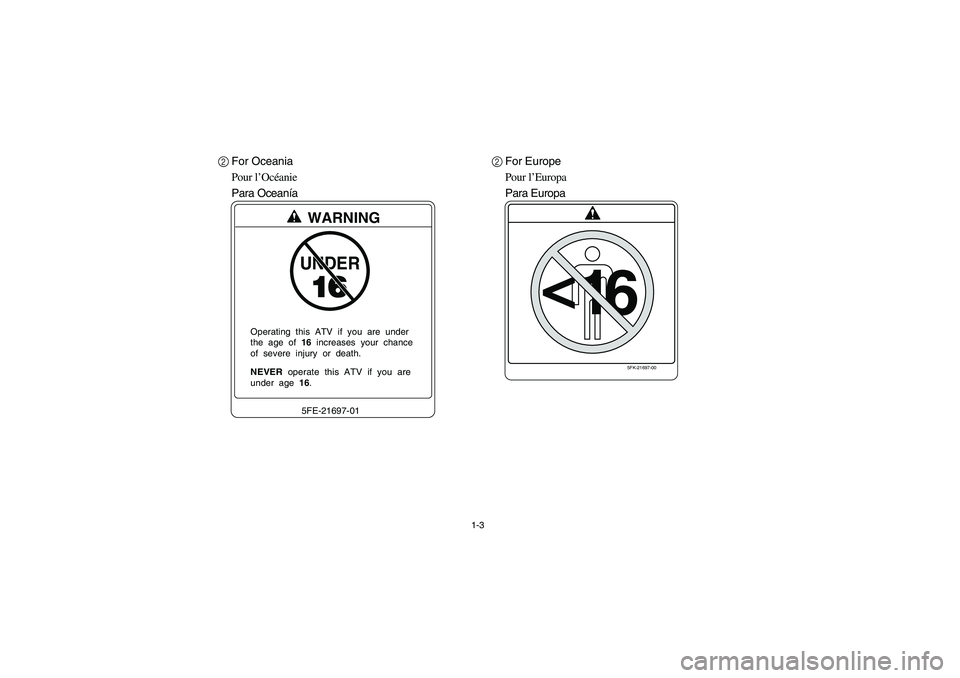 YAMAHA BIG BEAR PRO 400 2004 Owners Manual 1-3
2For Oceania
Pour l’Océanie
Para Oceanía2For Europe
Pour l’Europa
Para Europa
UNDERWARNING5FE-21697-01
NEVER operate this ATV if you areunder age 16. Operating this ATV if you a YAMAHA BIG BEAR PRO 400 2004 Owners Manual 1-3
2For Oceania
Pour l’Océanie
Para Oceanía2For Europe
Pour l’Europa
Para Europa
UNDERWARNING5FE-21697-01
NEVER operate this ATV if you areunder age 16. Operating this ATV if you a