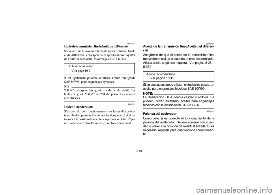 YAMAHA BIG BEAR PRO 400 2003  Notices Demploi (in French) 5-18
FBU00495*
Huile de transmission finale/huile de différentiel
S’assurer que le niveau d’huile de la transmission finale
et du différentiel correspond aux spécifications. Ajouter
de l’huil