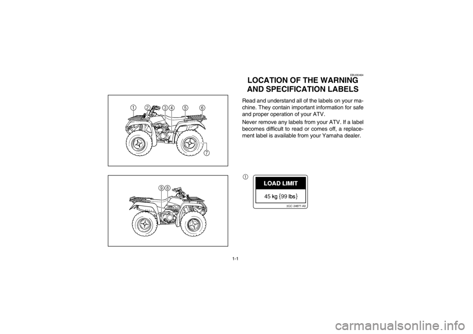 YAMAHA BIG BEAR PRO 400 2003 Owners Manual 1-1
EBU00464
1-LOCATION OF THE WARNING
AND SPECIFICATION LABELSRead and understand all of the labels on your ma-
chine. They contain important information for safe
and proper operation of your ATV.
N YAMAHA BIG BEAR PRO 400 2003 Owners Manual 1-1
EBU00464
1-LOCATION OF THE WARNING
AND SPECIFICATION LABELSRead and understand all of the labels on your ma-
chine. They contain important information for safe
and proper operation of your ATV.
N