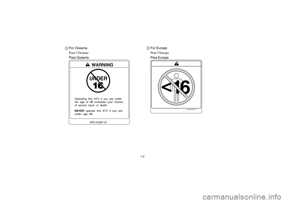 YAMAHA BIG BEAR PRO 400 2003 Owners Manual 1-3
2For Oceania
Pour l’Océanie
Para Oceanía2For Europe
Pour l’Europa
Para Europa
UNDERWARNING5FE-21697-01
NEVER operate this ATV if you areunder age 16. Operating this ATV if you a YAMAHA BIG BEAR PRO 400 2003 Owners Manual 1-3
2For Oceania
Pour l’Océanie
Para Oceanía2For Europe
Pour l’Europa
Para Europa
UNDERWARNING5FE-21697-01
NEVER operate this ATV if you areunder age 16. Operating this ATV if you a
