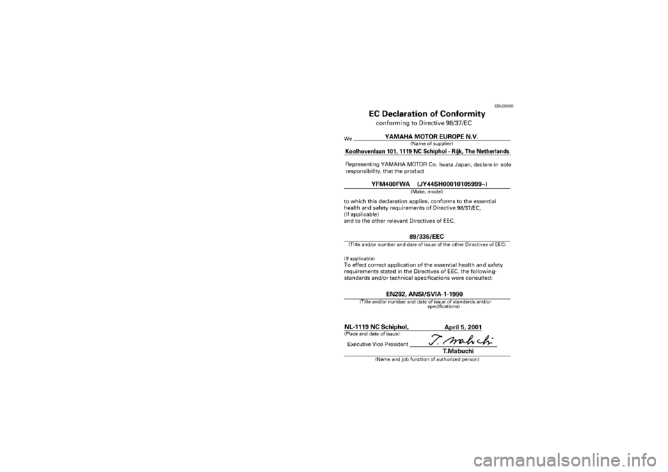 YAMAHA BIG BEAR PRO 400 2003  Notices Demploi (in French) EBU00000
EE.book  Page 2  Monday, June 18, 2001  10:18 AM 