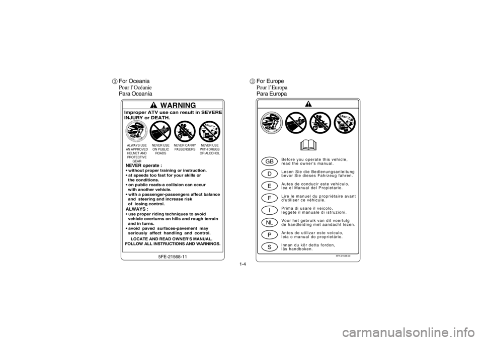 YAMAHA BIG BEAR PRO 400 2003 Owners Guide 1-4
3For Oceania
Pour l’Océanie
Para Oceanía3For Europe
Pour l’Europa
Para Europa
WARNING5FE-21568-11
Improper ATV use can result in SEVERE
INJURY or DEATH.ALWAYS USE
AN APPROVED
HELMET AND
PROT