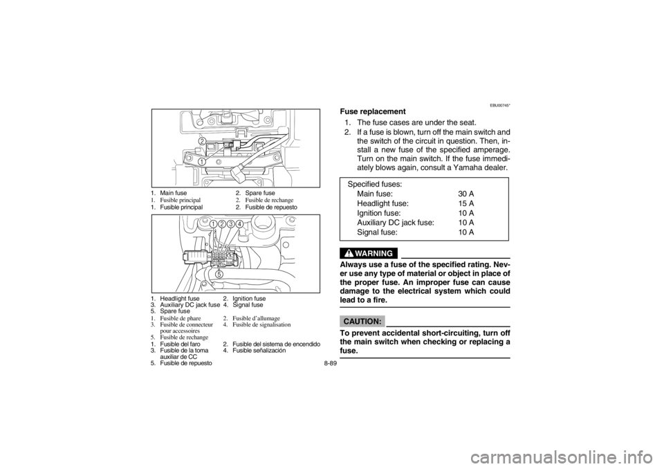 YAMAHA BIG BEAR PRO 400 2003  Notices Demploi (in French) 8-89 1. Main fuse 2. Spare fuse
1. Fusible principal 2. Fusible de rechange
1. Fusible principal 2. Fusible de repuesto
1. Headlight fuse 2. Ignition fuse
3. Auxiliary DC jack fuse 4. Signal fuse
5. S