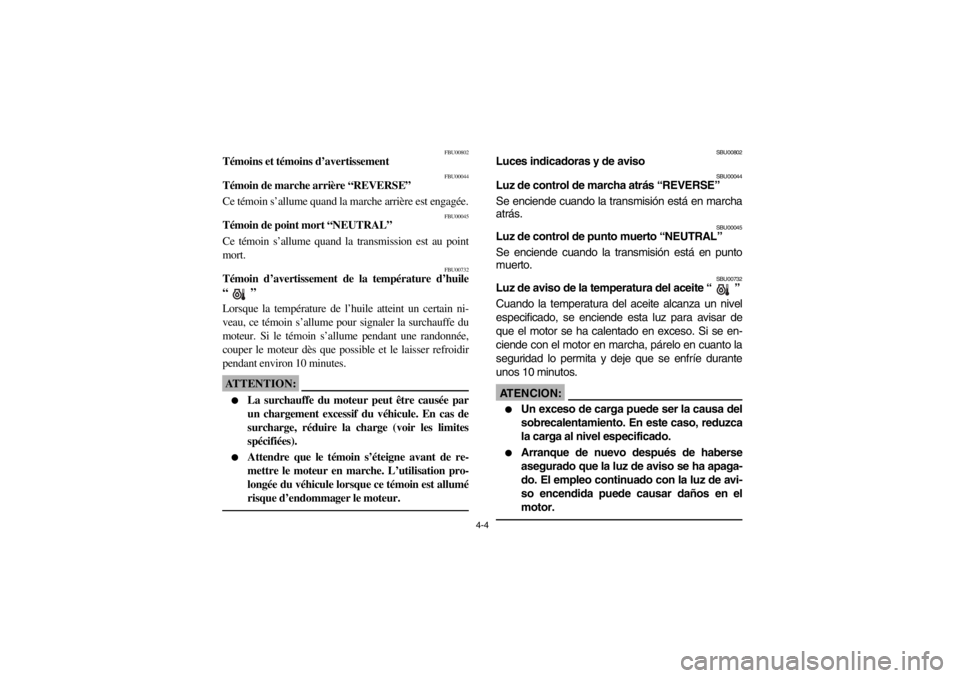 YAMAHA BIG BEAR PRO 400 2003 Repair Manual 4-4
FBU00802
Témoins et témoins d’avertissement
FBU00044
Témoin de marche arrière “REVERSE”
Ce témoin s’allume quand la marche arrière est engagée.
FBU00045
Témoin de point mort “NEU YAMAHA BIG BEAR PRO 400 2003 Repair Manual 4-4
FBU00802
Témoins et témoins d’avertissement
FBU00044
Témoin de marche arrière “REVERSE”
Ce témoin s’allume quand la marche arrière est engagée.
FBU00045
Témoin de point mort “NEU