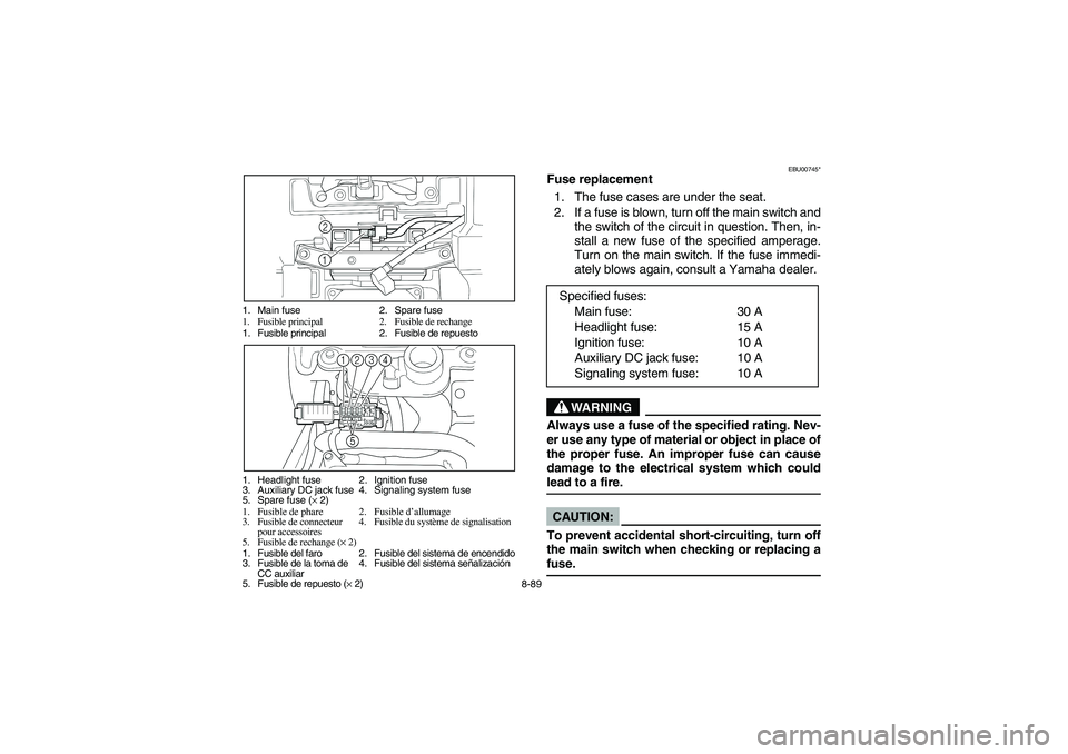 YAMAHA BIG BEAR PRO 400 2003 Manuale de Empleo (in Spanish) 8-89 1. Main fuse 2. Spare fuse
1. Fusible principal 2. Fusible de rechange
1. Fusible principal 2. Fusible de repuesto
1. Headlight fuse 2. Ignition fuse
3. Auxiliary DC jack fuse 4. Signaling system YAMAHA BIG BEAR PRO 400 2003 Manuale de Empleo (in Spanish) 8-89 1. Main fuse 2. Spare fuse
1. Fusible principal 2. Fusible de rechange
1. Fusible principal 2. Fusible de repuesto
1. Headlight fuse 2. Ignition fuse
3. Auxiliary DC jack fuse 4. Signaling system