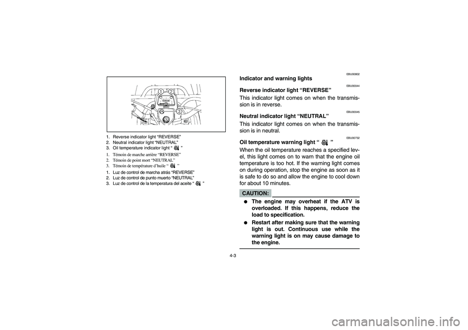 YAMAHA BIG BEAR PRO 400 2003 Manuale de Empleo (in Spanish) 4-3 1. Reverse indicator light “REVERSE”
2. Neutral indicator light “NEUTRAL”
3. Oil temperature indicator light “”
1. Témoin de marche arrière “REVERSE”
2. Témoin de point mort “ YAMAHA BIG BEAR PRO 400 2003 Manuale de Empleo (in Spanish) 4-3 1. Reverse indicator light “REVERSE”
2. Neutral indicator light “NEUTRAL”
3. Oil temperature indicator light “”
1. Témoin de marche arrière “REVERSE”
2. Témoin de point mort “