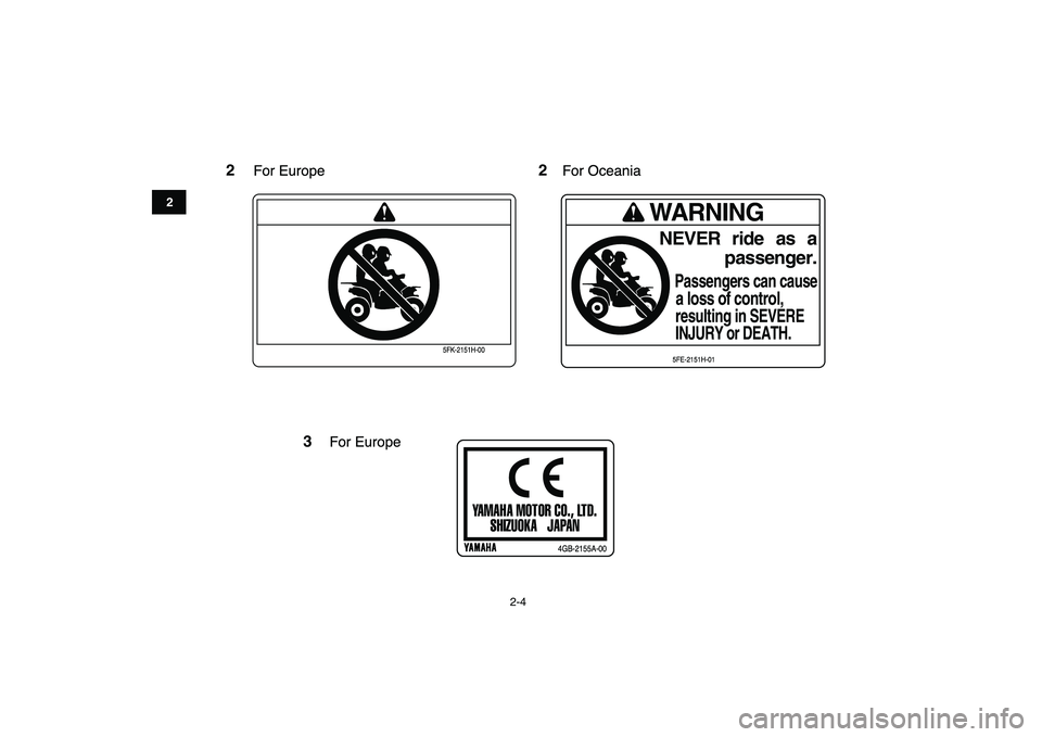 YAMAHA BLASTER 200 2007 User Guide  
2-4 
12
3
4
5
6
7
8
9
10
11
2
5FK-2151H-00
WARNINGNEVER ride   as   a
passenger.
Passengers can causea loss of control,resulting in SEVEREINJURY or DEATH.5FE-2151H-01
For Europe For Oceania
3
YAMAHA